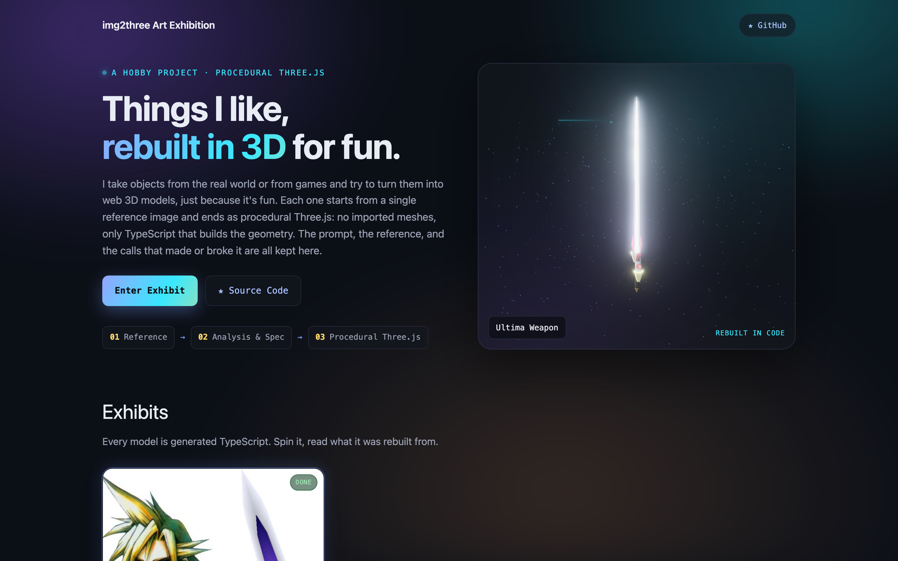 The img2three Art Exhibition entry page, with the Ultima Weapon model turning beside the introduction.